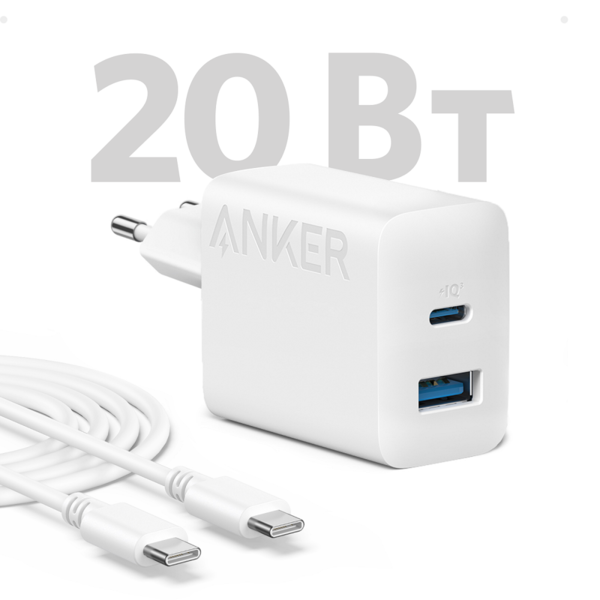 Мережевий зарядний пристрій Anker PowerPort – 20W USB-C&USB-A + USB-C cable White