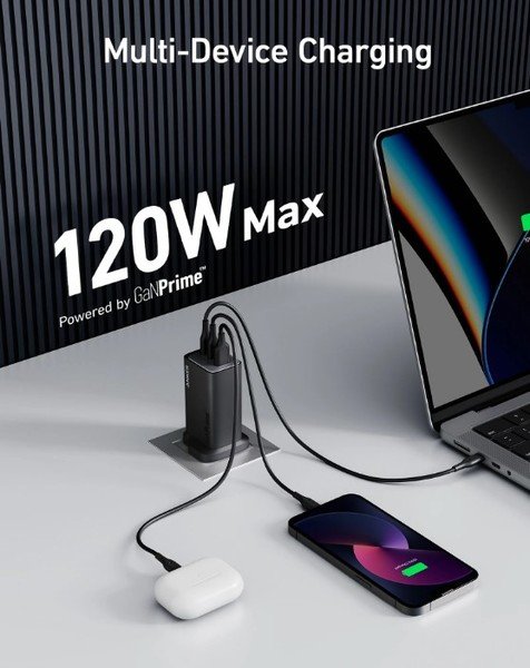 Мережевий зарядний пристрій Anker PowerPort 737 GaNPrime – 120W 2xPD & 1xPIQ PPS/DPDS Black – UK plug