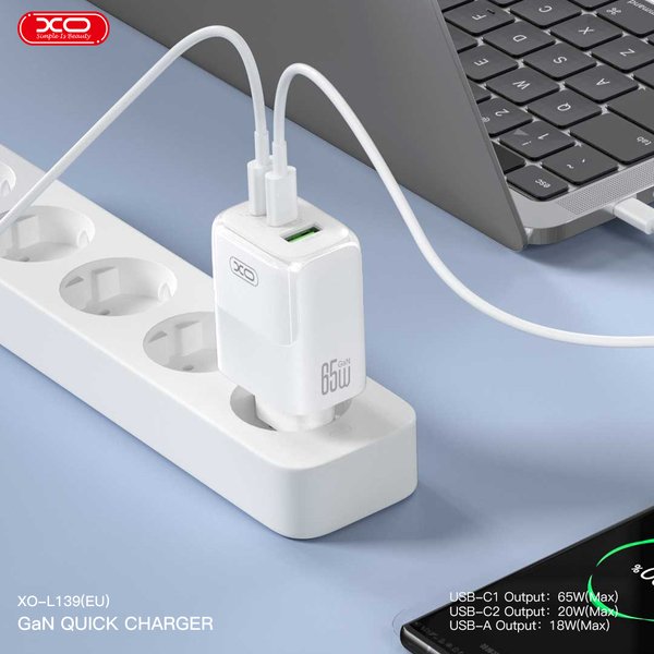Мережевий зардний пристрій XO L139 – 65W PD Dual USB-C & 18W QC USB-A White