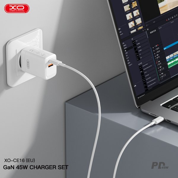 Мережевий зарядний пристрій XO CE16 – 45W PD USB-C & 22.5W QC USB-A White