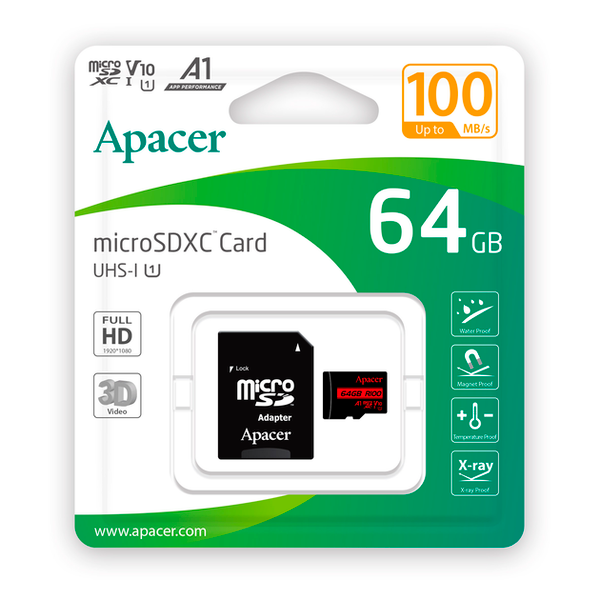 Карта пам’ятi Apacer microSDXC 64GB U1 V10 A1 R100 + adapter (100/10 MB/s)