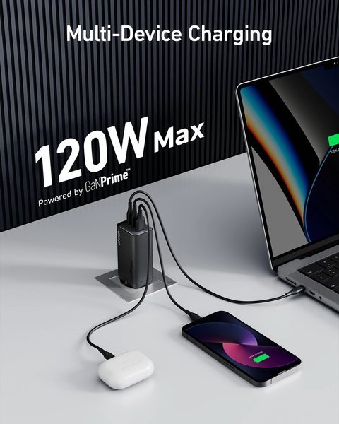 Мережевий зарядний пристрій Anker PowerPort 737 GaNPrime – 120W 2xPD & 1xPIQ PPS/DPDS Black
