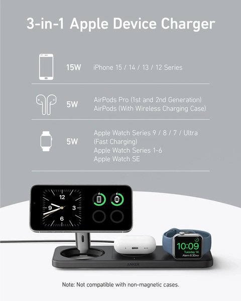 Бездротовий зарядний пристрій Anker MagGo Wireless Charging Station 15W 3-in-1 Pad Black