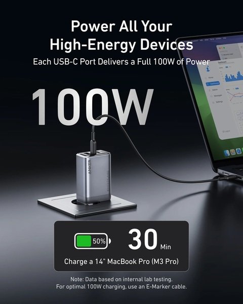 Мережевий зарядний пристрій Anker GaNPrime Charger – 100W, 2xUSB-C PD & 1xUSB-A Foldable Silver