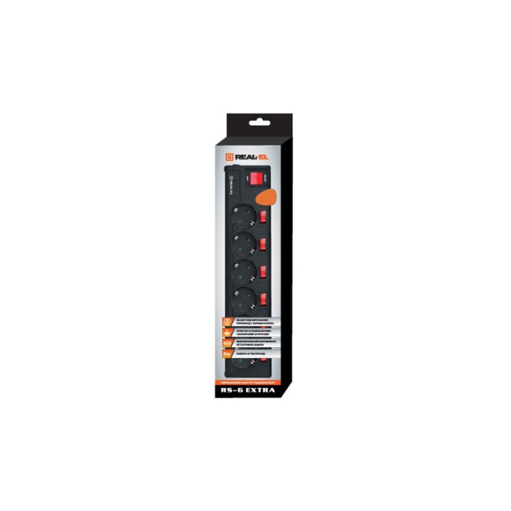Мережевий фільтр живлення REAL-EL RS-6 EXTRA 5m, black (EL122300003)