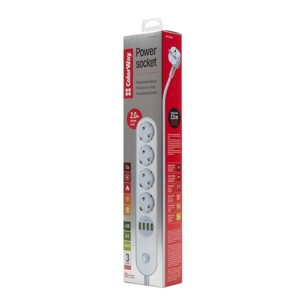 Мережевий фільтр живлення ColorWay CW-CHE44W, 4 розетки/4USB White 2M (CW-CHE44W)