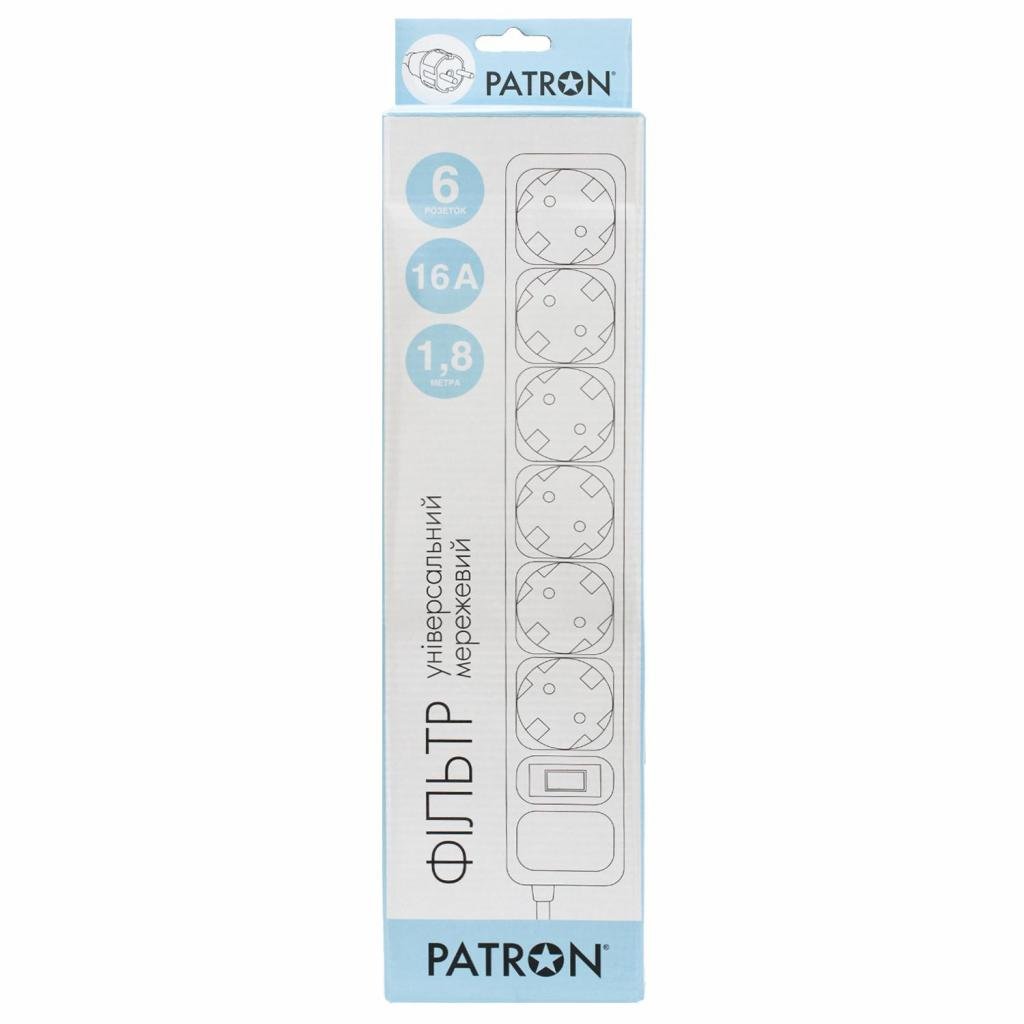 Мережевий фільтр живлення Patron 1.8 m3*1.5mm2 (SP-1662) 6 розеток BLACK (EXT-PN-SP-1662)
