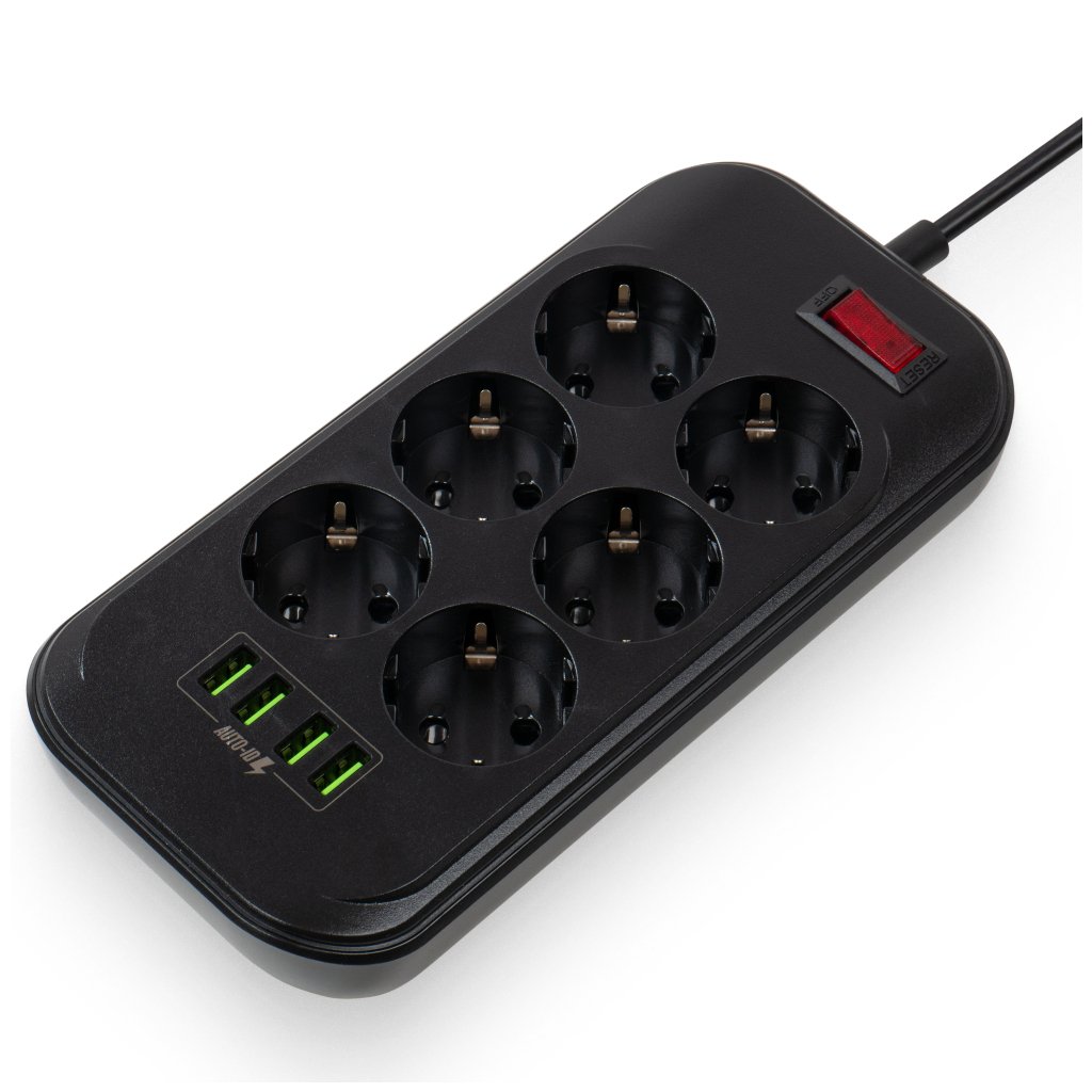 Мережевий фільтр живлення ColorWay CW-CHE64B, 6 розеток/4USB Black (CW-CHE64B)