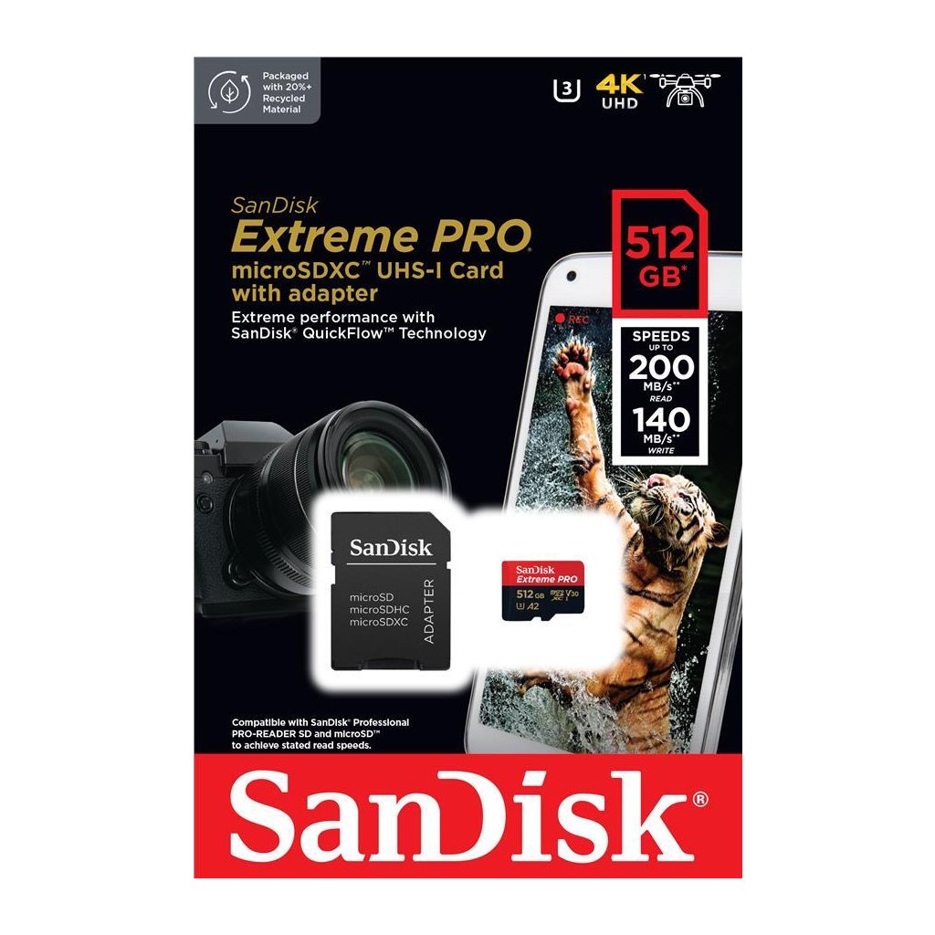 Карта пам’яті SanDisk 512 GB microSDXC UHS-I U3 Extreme Pro+SD Adapter (SDSQXCD-512G-GN6MA)