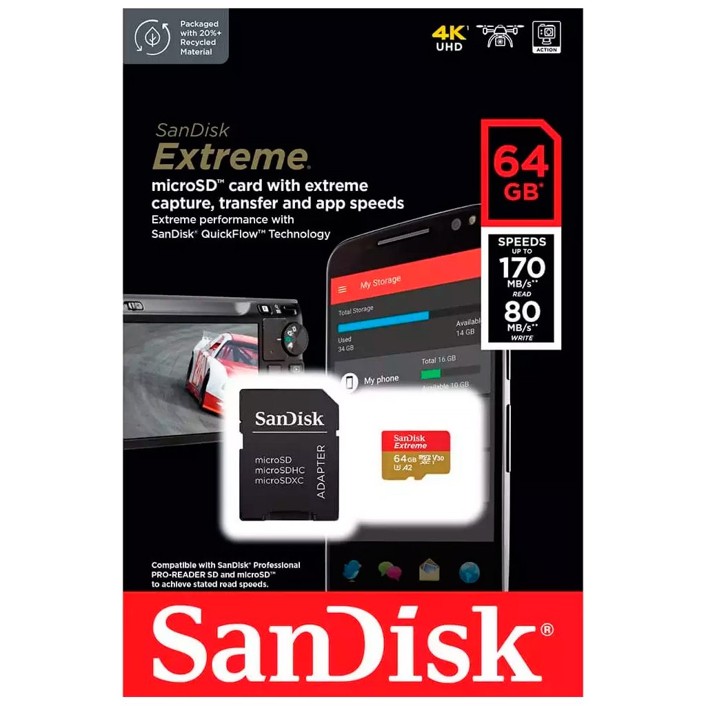 Карта пам’яті SanDisk 64GB microSD class 10 UHS-I Extreme For Action Cams and Dro (SDSQXAH-064G-GN6AA)