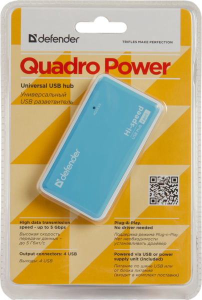 USB-хаб Defender Quadro Power+Adapter 4xUSB 2.0 220V (83503)