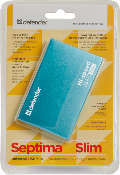 USB-хаб Defender Septima Slim+Adapterб 7xUSB 2.0 220V (83505)