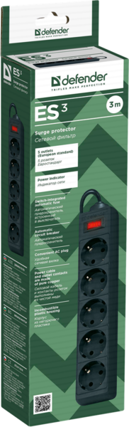 Мережевий фільтр Defender ES 3m 5 роз. Black (99485)