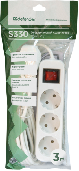 Мережевий подовжувач Defender S330 3.0 m 3 роз switch white (99234)