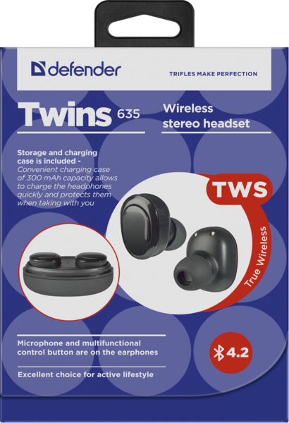 Гарнітура Defender Twins 635 TWS Bluetooth, Black (63635)