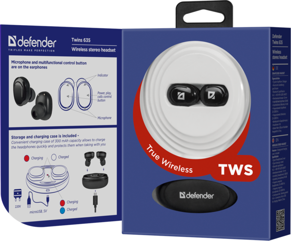 Гарнітура Defender Twins 635 TWS Bluetooth, Black (63635)