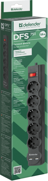 Мережевий фільтр Defender DFS 751 1,8 м, 5 розеток, 2xUSB, 2.1A (99751)