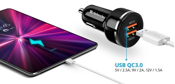 Зарядний пристрій Defender UCA-80 black, 2xUSB, QC3.0, 36W (83832)