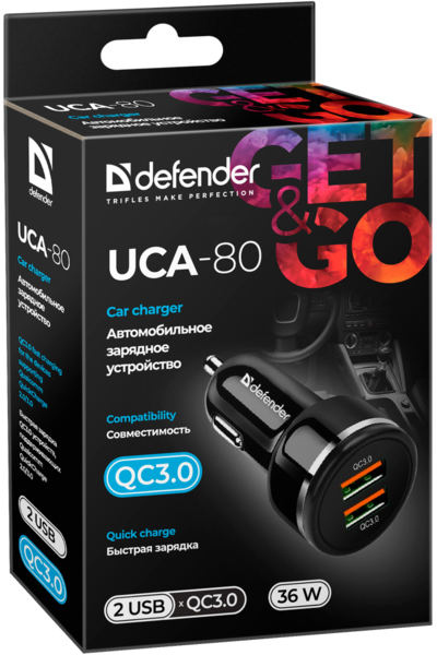Зарядний пристрій Defender UCA-80 black, 2xUSB, QC3.0, 36W (83832)