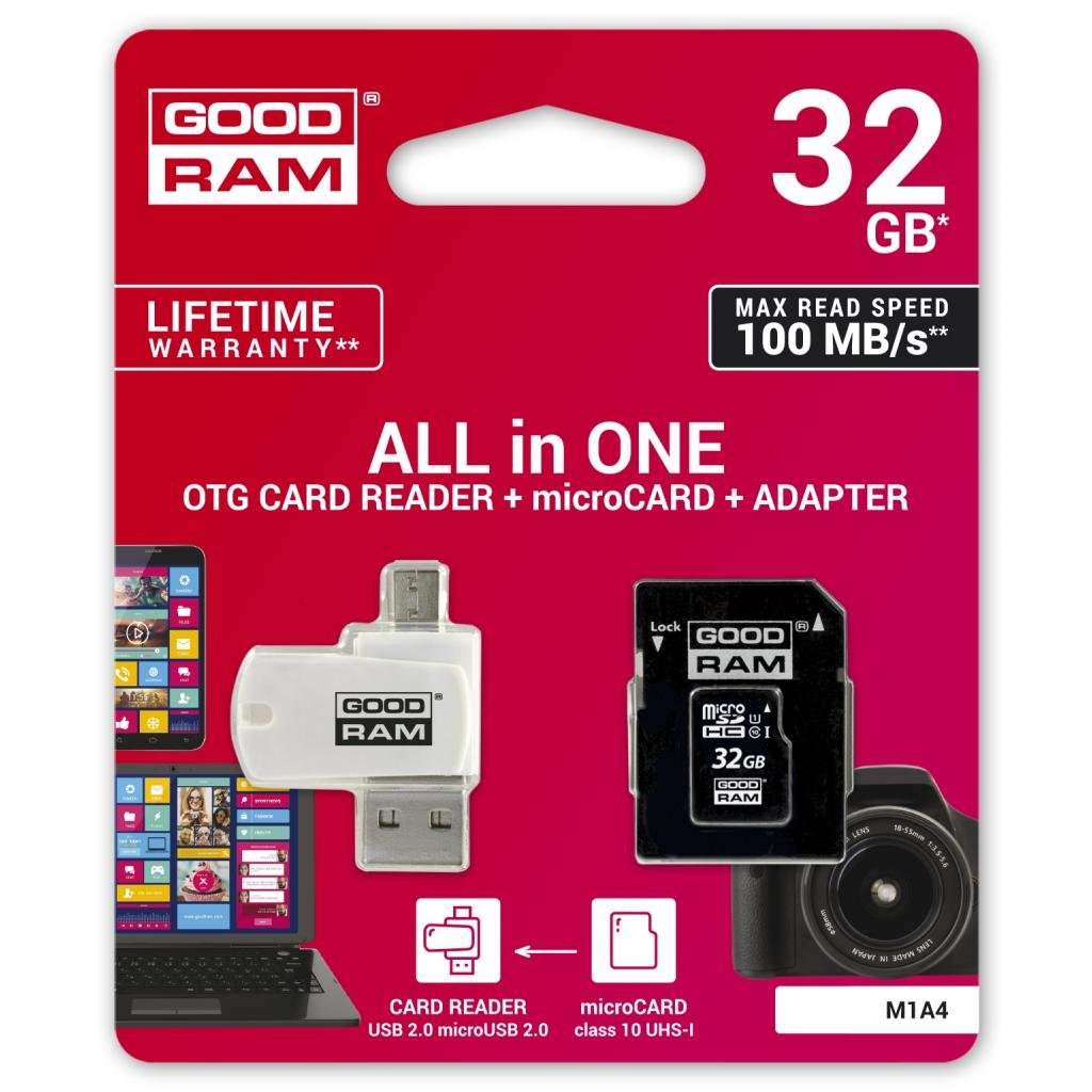 Карта пам’яті GoodRam MicroSDHC 32GB UHS-I Class 10 (M1A4-0320R12) + Adapter + CardReader