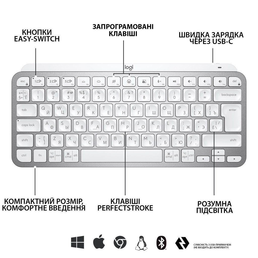 Клавіатура Logitech MX Keys Mini Minimalist Wireless US Pale Grey (920-010499)