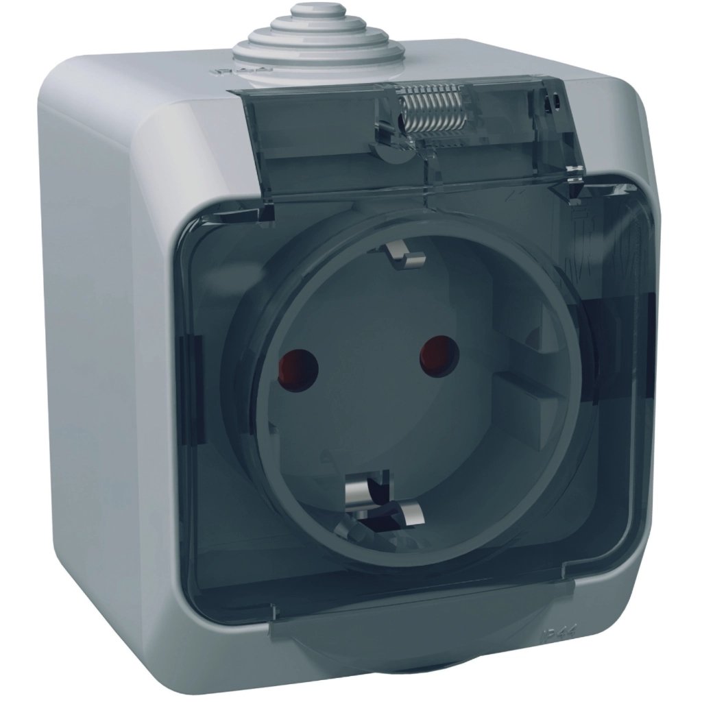 Розетка Schneider Electric CEDAR 2К+С зі шторками та прозорою кришкою серая IP44 (WDE000643)