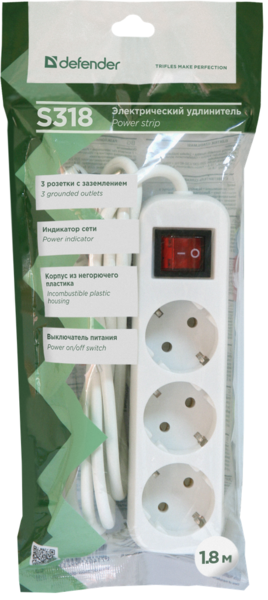 Мережевий подовжувач Defender S318 1.8 m 3 роз switch white (99233)