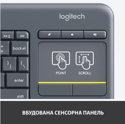 Клавіатура Logitech K400 Plus Touch Wireless UA Black (920-007145)