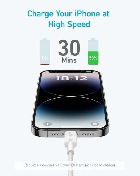 Кабель Anker 322 USB-C to Lightning – 1.8m Nylon White