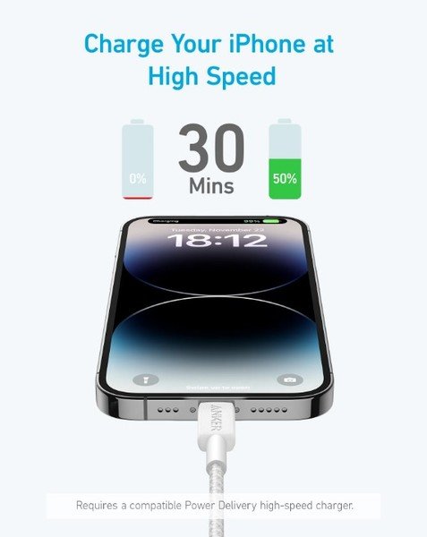Кабель Anker 322 USB-C to Lightning – 0.9m Nylon White