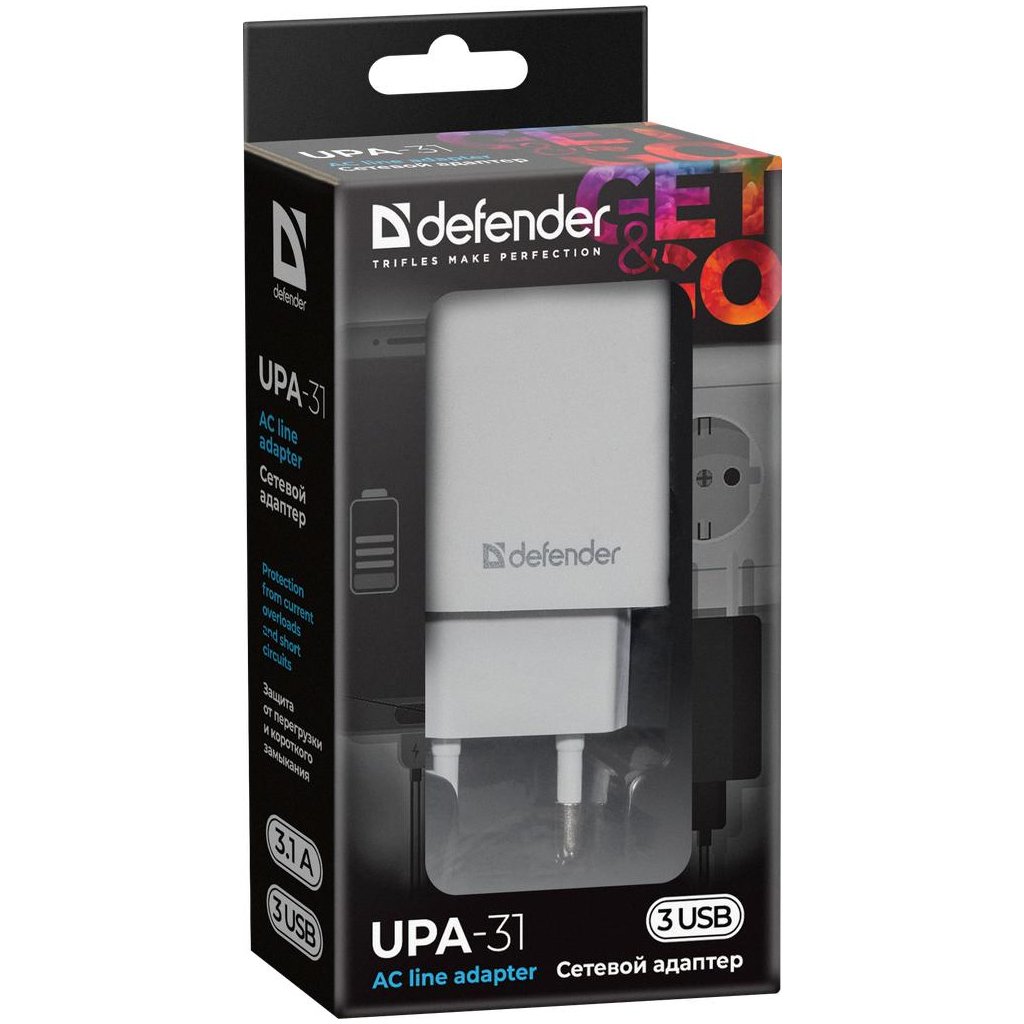 Мережевий зарядний пристрій Defender UPA-31 White, 3xUSB, 5V / 3.1A (83587)