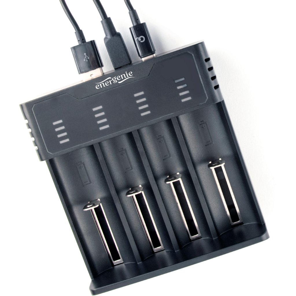Зарядний пристрій для акумуляторів EnerGenie input:TYPE-C/Micro-USB, AAA/AA/…14650/18650, power bank function (BC-USB-02)