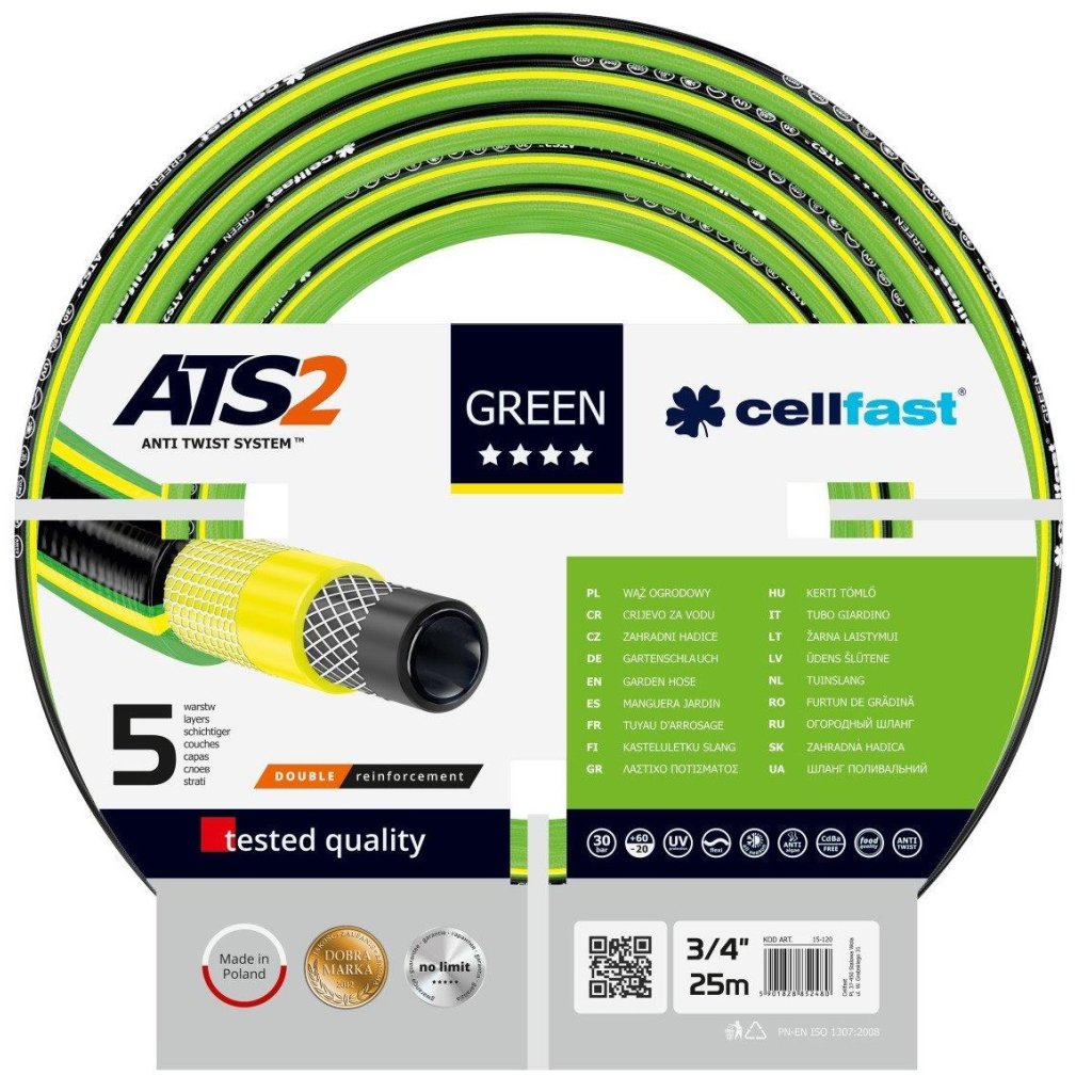 Шланг для поливу Cellfast GREEN ATS, 3/4″, 25м, 5 шарів, до 30 Бар, -20…+60°C (15-120)