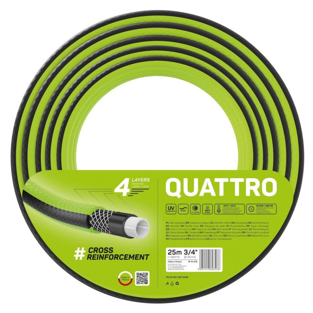 Шланг для поливу Cellfast QUATTRO, 3/4′, 25м, 4 шари, до 20 Бар, -10…+50°C (10-075)