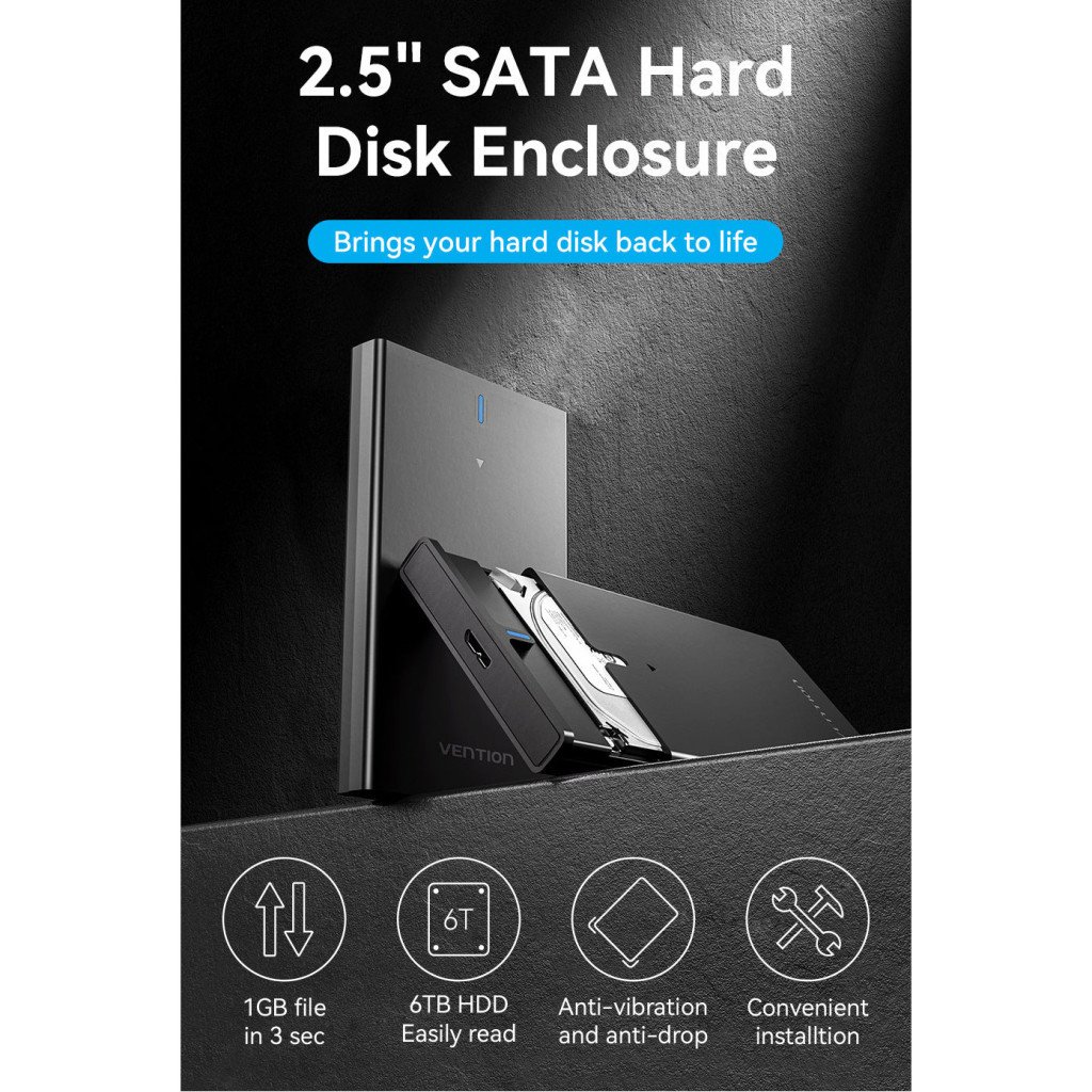 Кишеня зовнішня Vention 2.5″ HDD/SSD USB 3.0 Micro-B Black (KPAB0)