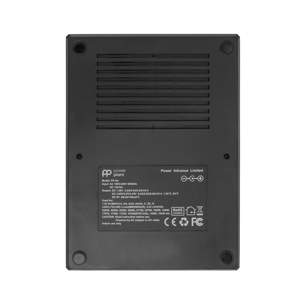 Зарядний пристрій для акумуляторів PowerPlant PP-A4 (Ni-MH,Cd,Li-ion,LiFePO4 / input AC 100V-240V DC 12V) (AA620173)