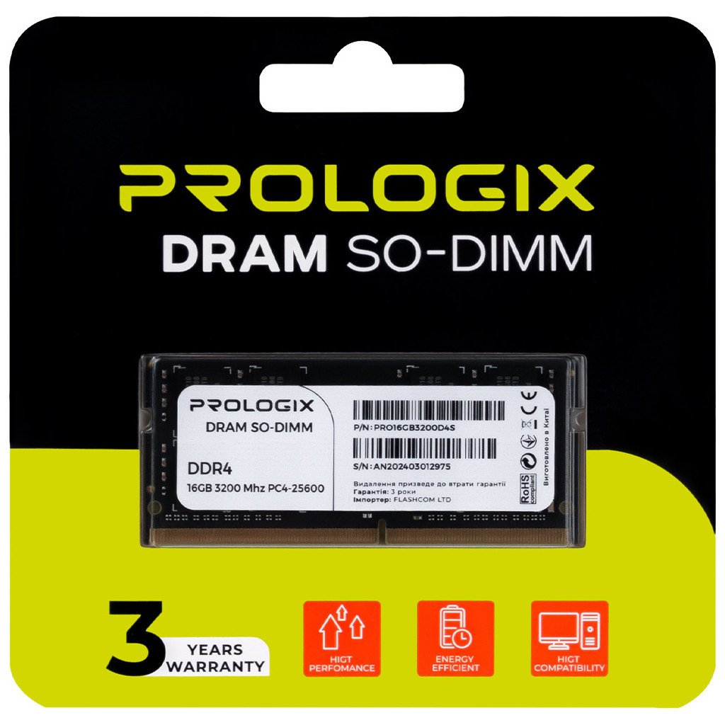 Модуль пам’яті для ноутбука SoDIMM DDR4 16GB 3200 MHz Prologix (PRO16GB3200D4S)