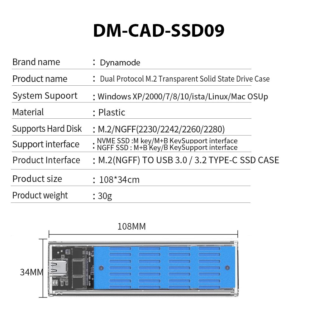 Кишеня зовнішня Dynamode M.2 SSD NVMe/SATA combo ч-з USB3.2 GEN2 Type-C (DM-CAD-SSD09)