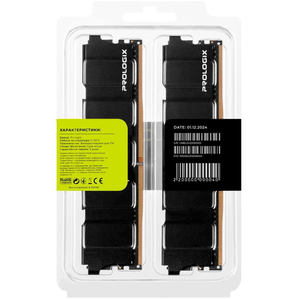 Модуль пам’яті для комп’ютера DDR4 16GB (2x8GB) 3200 MHz Black Prologix (PRO16GB3200B4K)