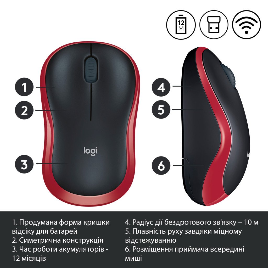 Миша Logitech M185 Wireless Mouse Red