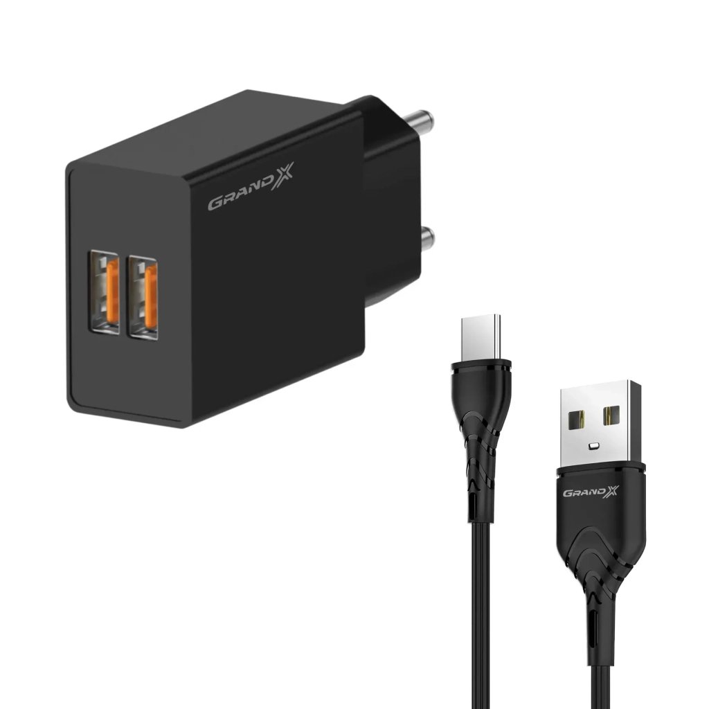 Зарядний пристрій Grand-X CH-15T 5V 2,4A 2USB Black + cable USB -> Type-C (CH-15T)