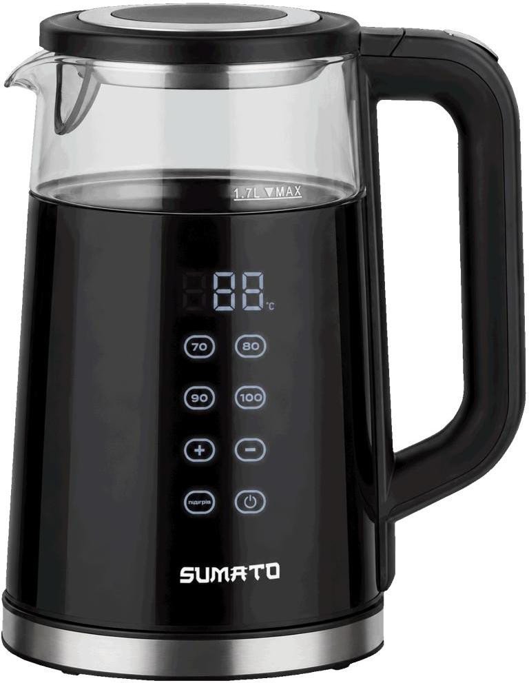 Електрочайник Sumato SU-01EK01, Black, 2000W, 1,7 л, дисковий, корпус із пластику + скло, дисплей, терморегулятор (SU-01EK01)