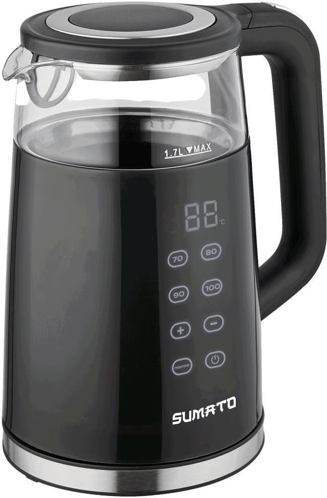 Електрочайник Sumato SU-01EK01, Black, 2000W, 1,7 л, дисковий, корпус із пластику + скло, дисплей, терморегулятор (SU-01EK01)
