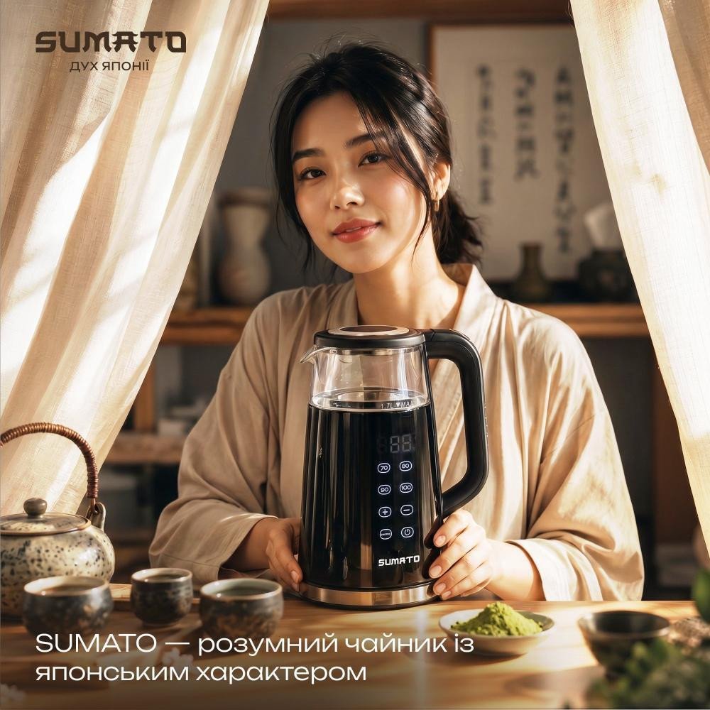 Електрочайник Sumato SU-01EK01, Black, 2000W, 1,7 л, дисковий, корпус із пластику + скло, дисплей, терморегулятор (SU-01EK01)