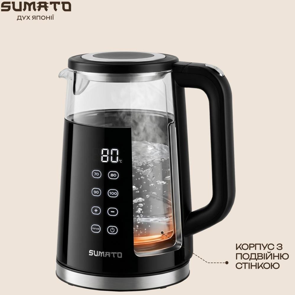 Електрочайник Sumato SU-01EK01, Black, 2000W, 1,7 л, дисковий, корпус із пластику + скло, дисплей, терморегулятор (SU-01EK01)