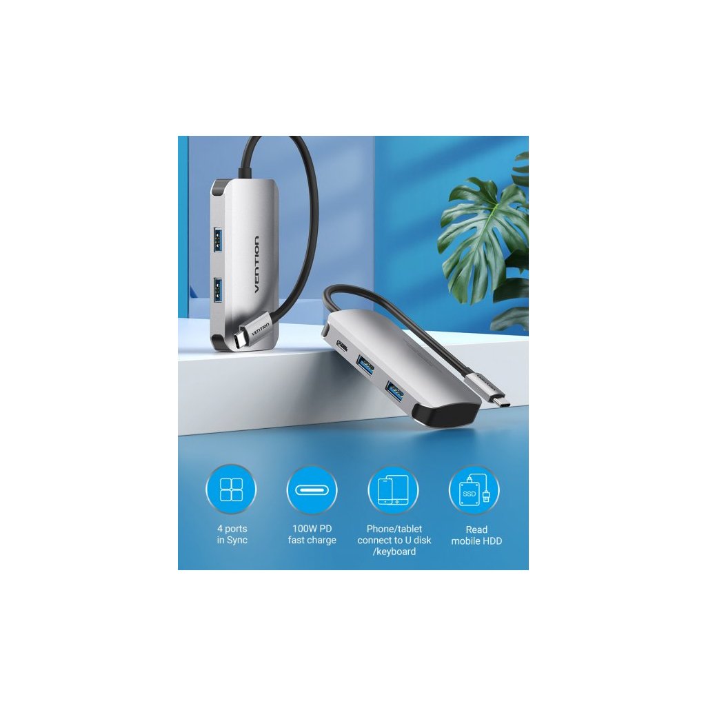 Концентратор Vention USB3.1 Type-C –> USB 3.0×4/PD 100W Hub 5-in-1 (TNBHB)