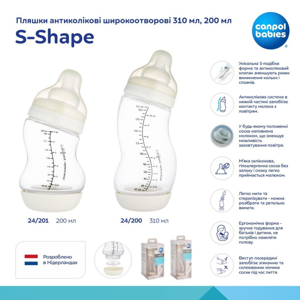 Пляшечка для годування Canpol babies S-Shape антиколікова широкоотворова 200 мл (24/201)