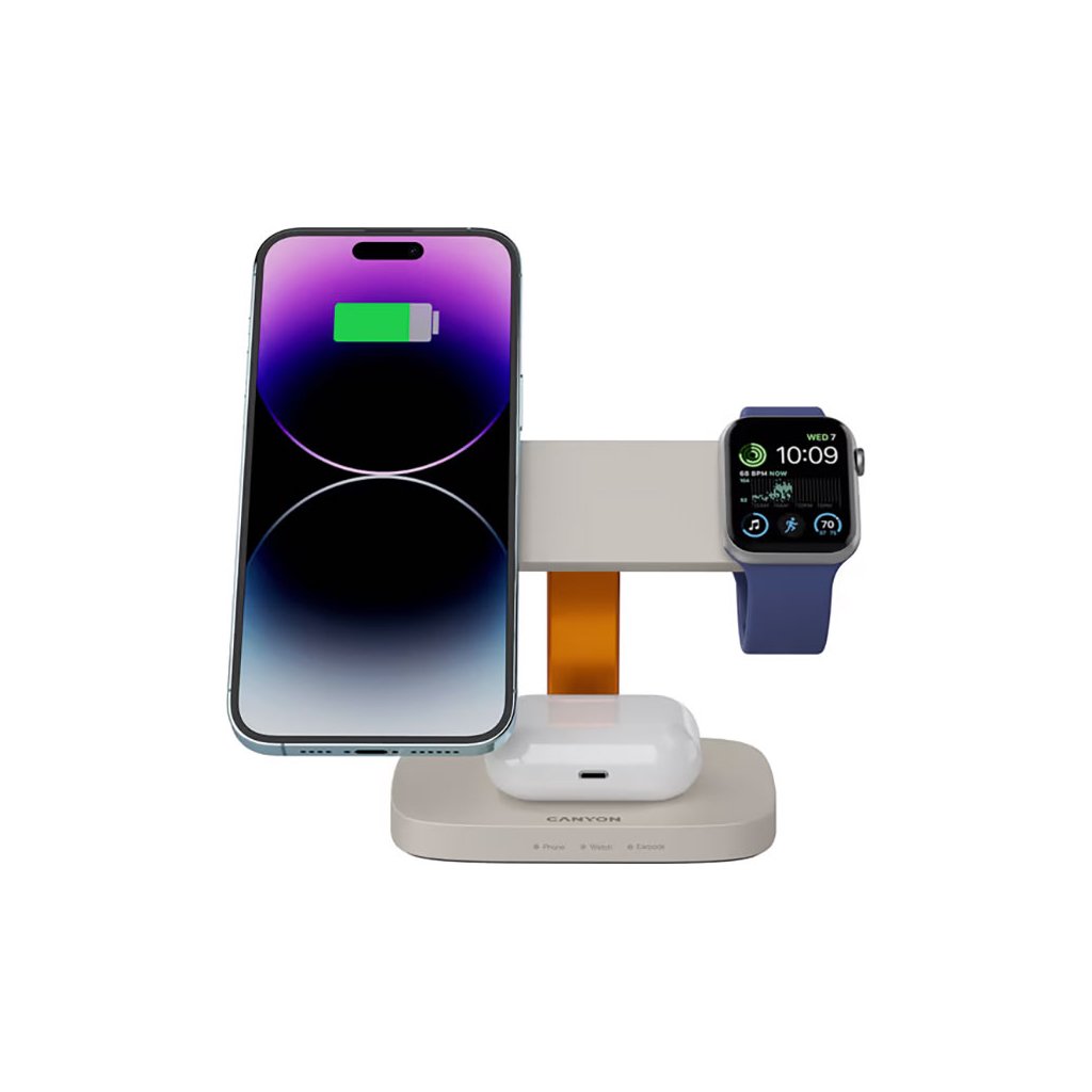 Зарядний пристрій Canyon wireless charger HEXAGON WCS-310 3in1 LightGrey/Orange (CNS-WCS310LGOR)