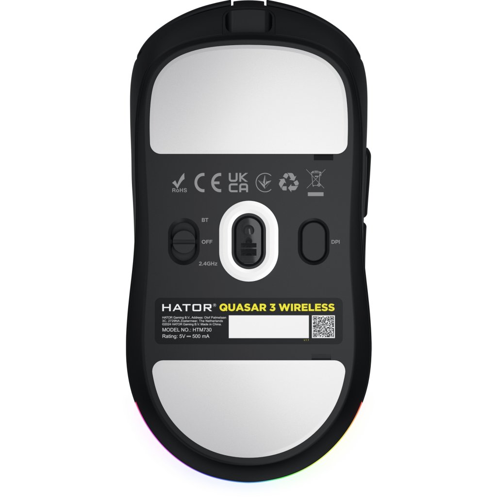 Миша бездротова Hator Quasar 3, Black, Bluetooth / 2.4GHz / USB, оптична (сенсор PixArt PMW 3311), до 12000 dpi, 35G, перемикачі Hator Optical 100M / Huano 3M, акумулятор 600 mAh (HTM730)