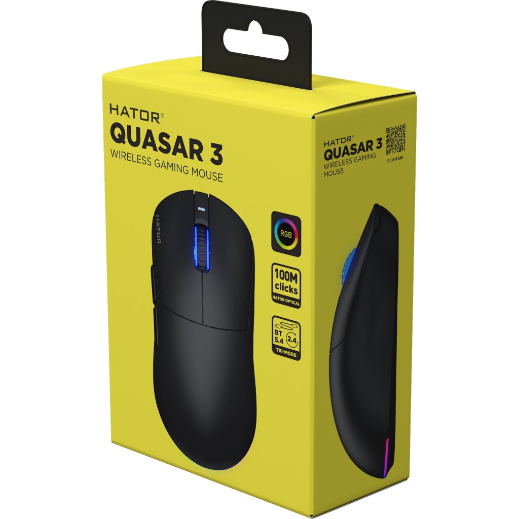 Миша бездротова Hator Quasar 3, Black, Bluetooth / 2.4GHz / USB, оптична (сенсор PixArt PMW 3311), до 12000 dpi, 35G, перемикачі Hator Optical 100M / Huano 3M, акумулятор 600 mAh (HTM730)